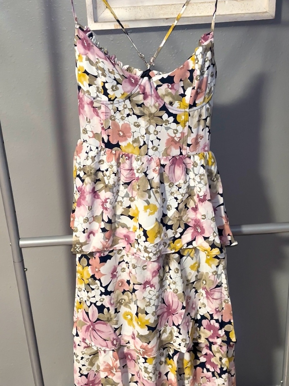 Lulu's Pink, Yellow & Navy Floral Tiered Spaghetti-Strap Dress